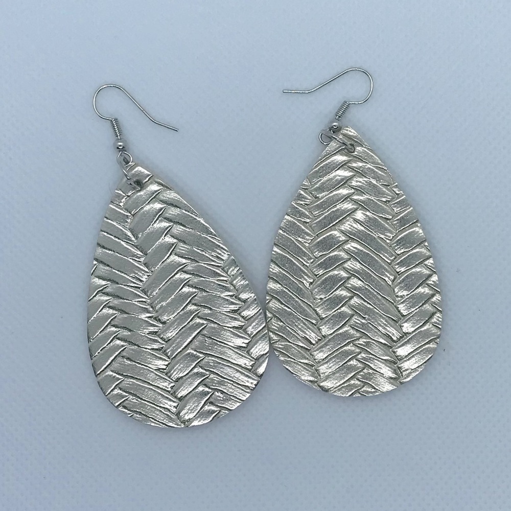 Silver Leather Tear Drop Earrings